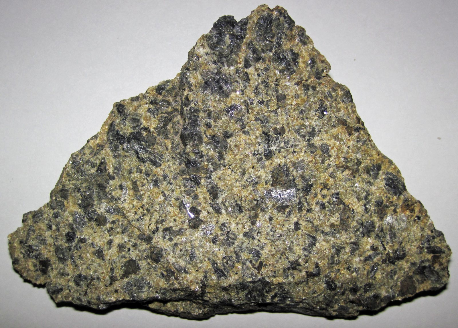 A weathered piece of coarse dark-and-green rock on a white background, about eleven centimeters across