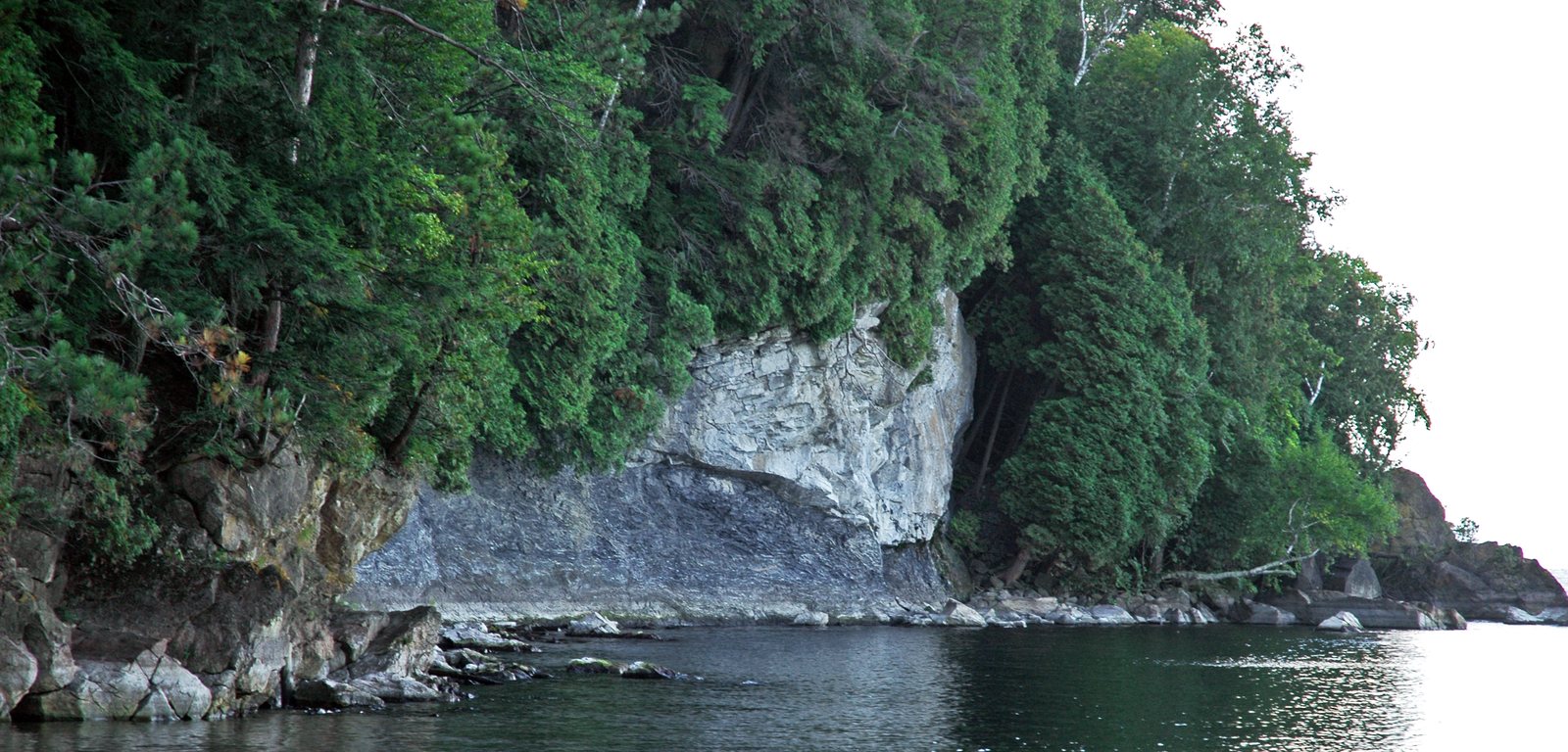 A wooded lakeshore cliff: pale gray rock across the top of the cliff lying on dark gray rock at the water